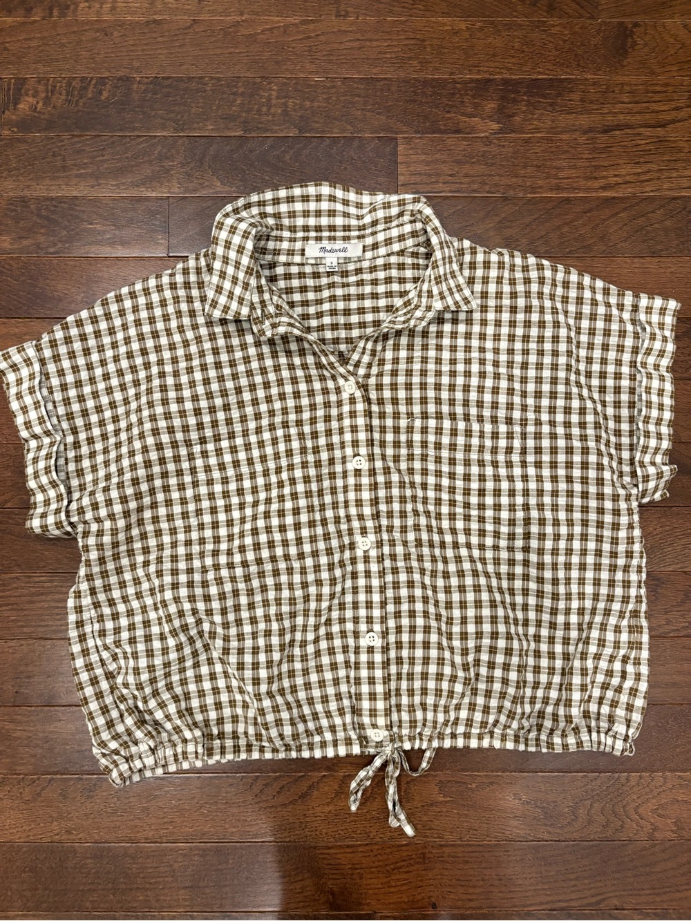 Madewell Seersucker Button-Up Drawstring Shirt in Plaid Gingham Crop Small Fall